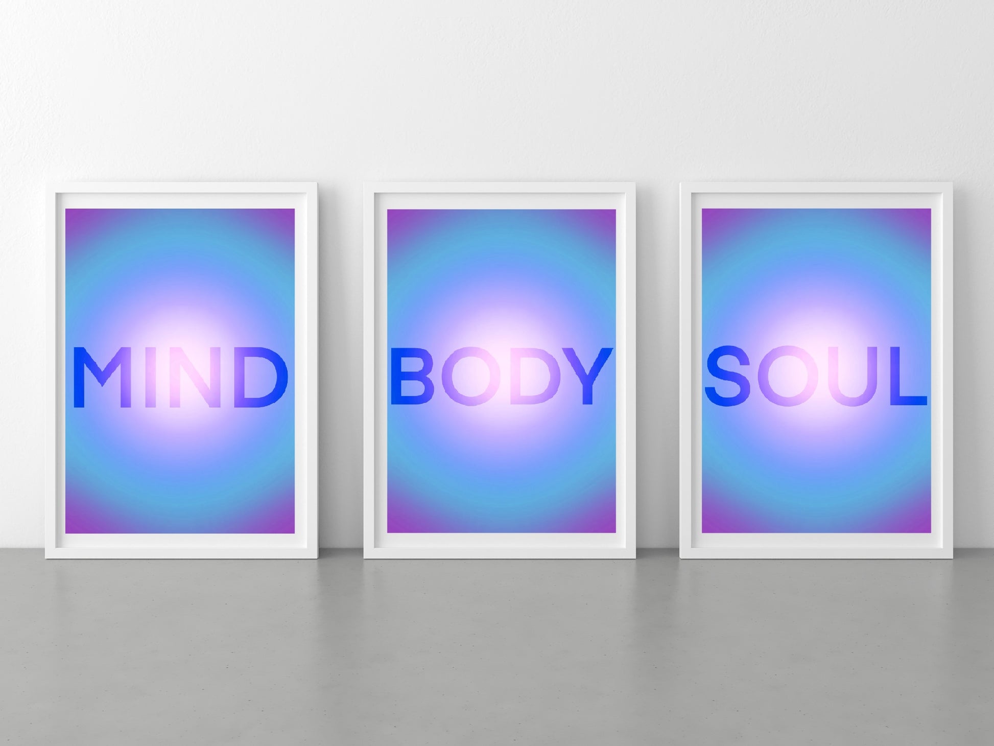 Meditation art print, mind, body and soul aura, spiritual wall art, purple, blue aura framed art set of 3 wall art prints in mounted frames. 