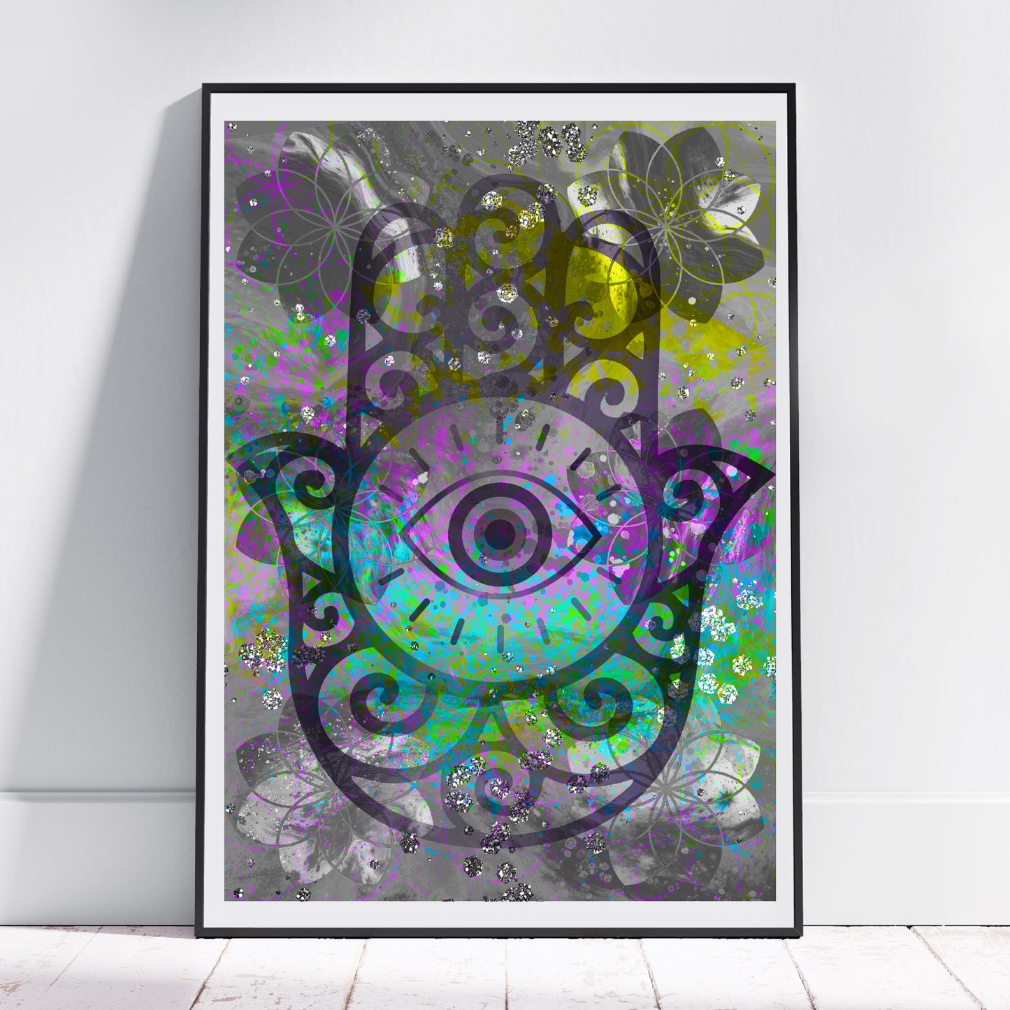 Hamsa hands wall art, Meditation art print, spiritual artwork, sacred geometry print, displayed in frame. - Ascension digital fine art 