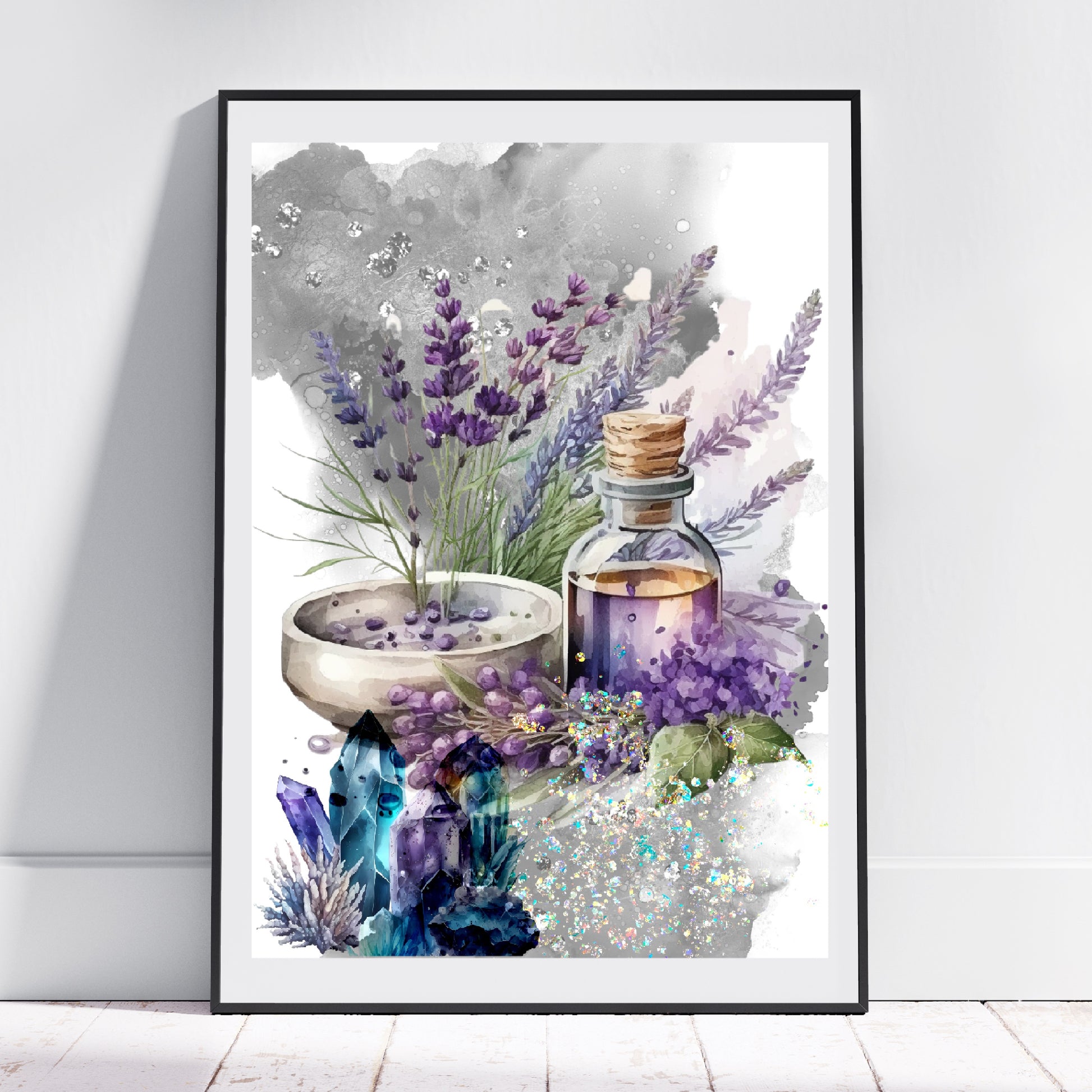 Meditation art print, spiritual wall art, lavender, apothecary, oil, crystals, purple and blue, embellished framed art print.