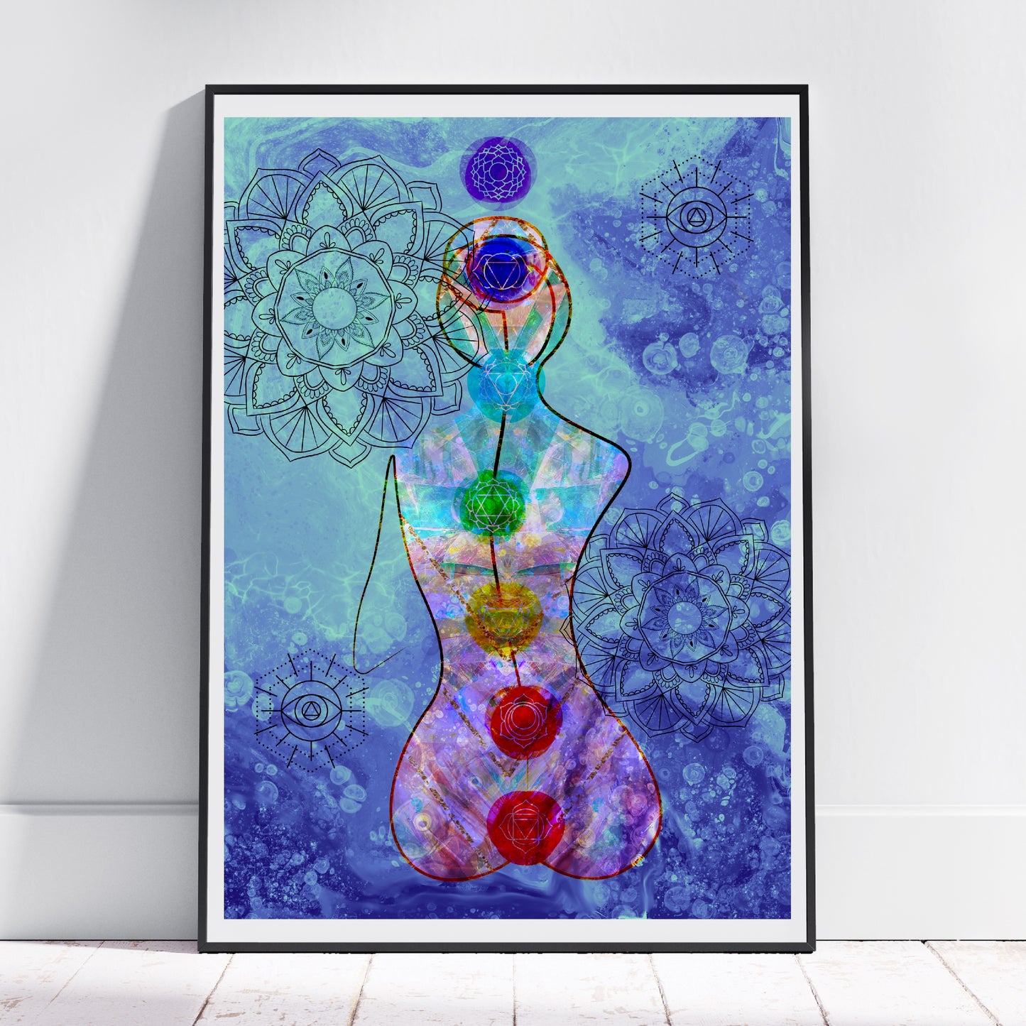 Crystalline chakra wall art, chakra art print, meditation art, vibrant blue, ascension digital fine art.