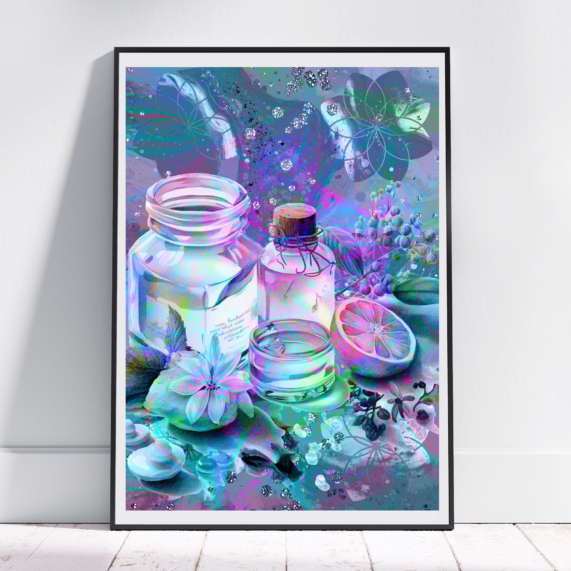 Meditation art print, spiritual wall art, apothecary, oil, lemon, Lily, purple and blue, embellished framed art print.