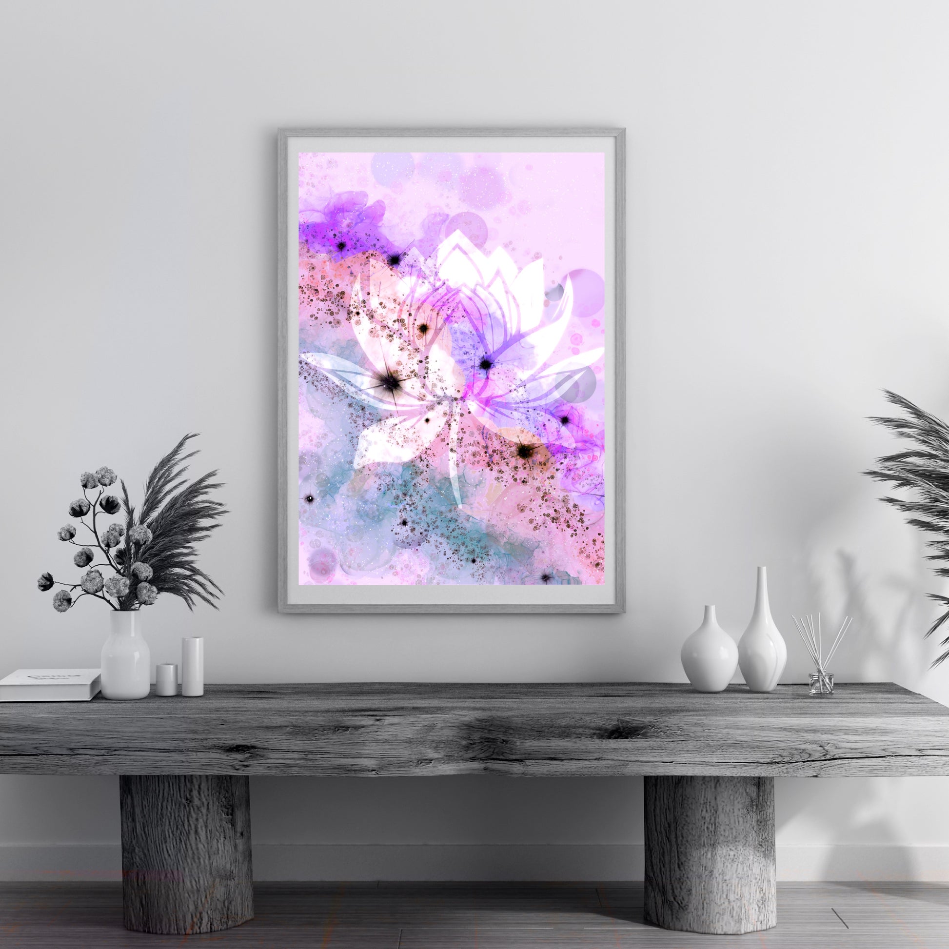 Lotus meditation wall art, spiritual art print, meditation art, pink, displayed in frame, Ascension digital fine art.