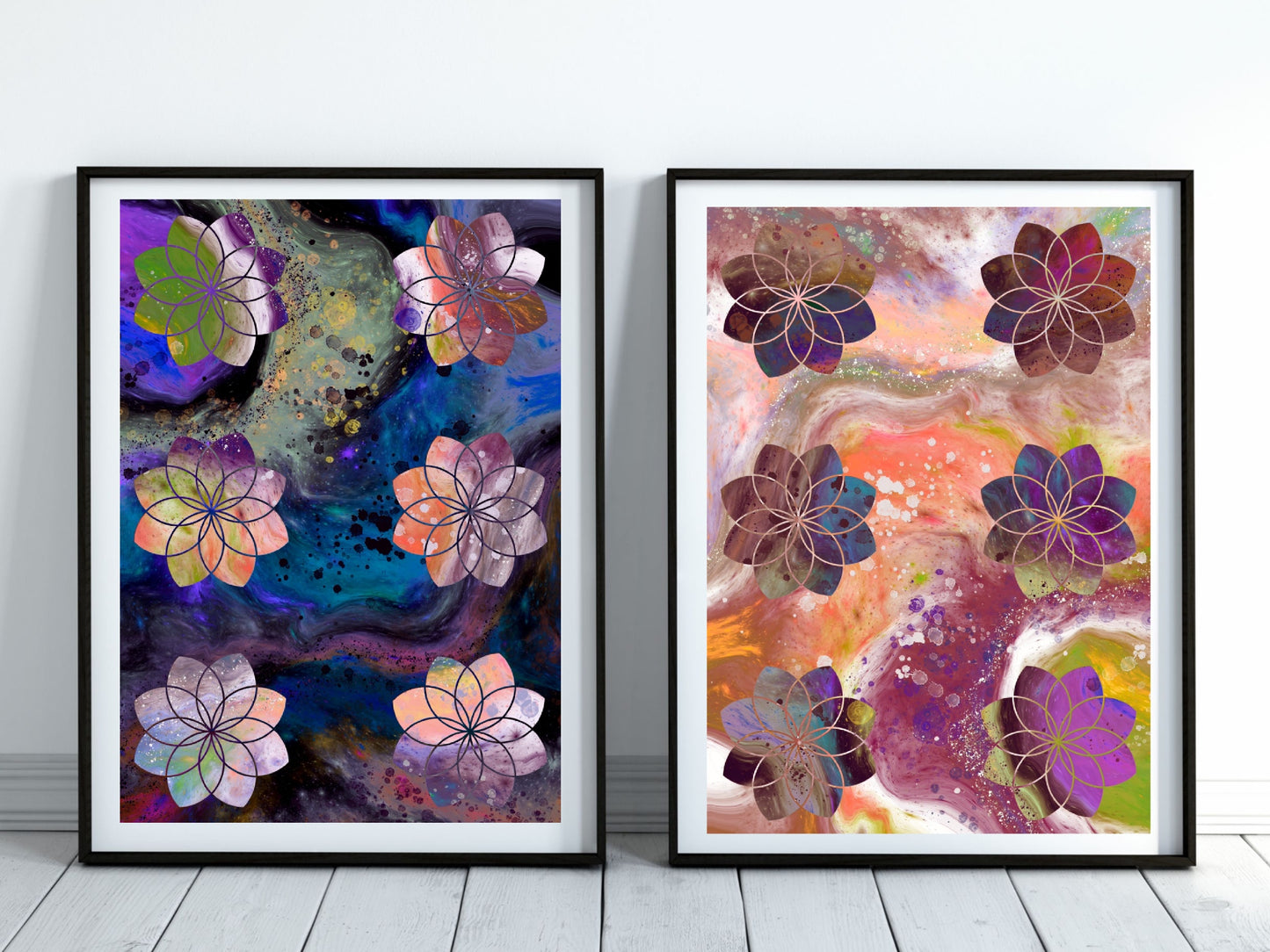 Sacred geometry wall art, flower of life wall art, spiritual art work, unique, meditation art print, vibrant, set of 2 prints, Displayed in frames. - Ascension digital fine art.