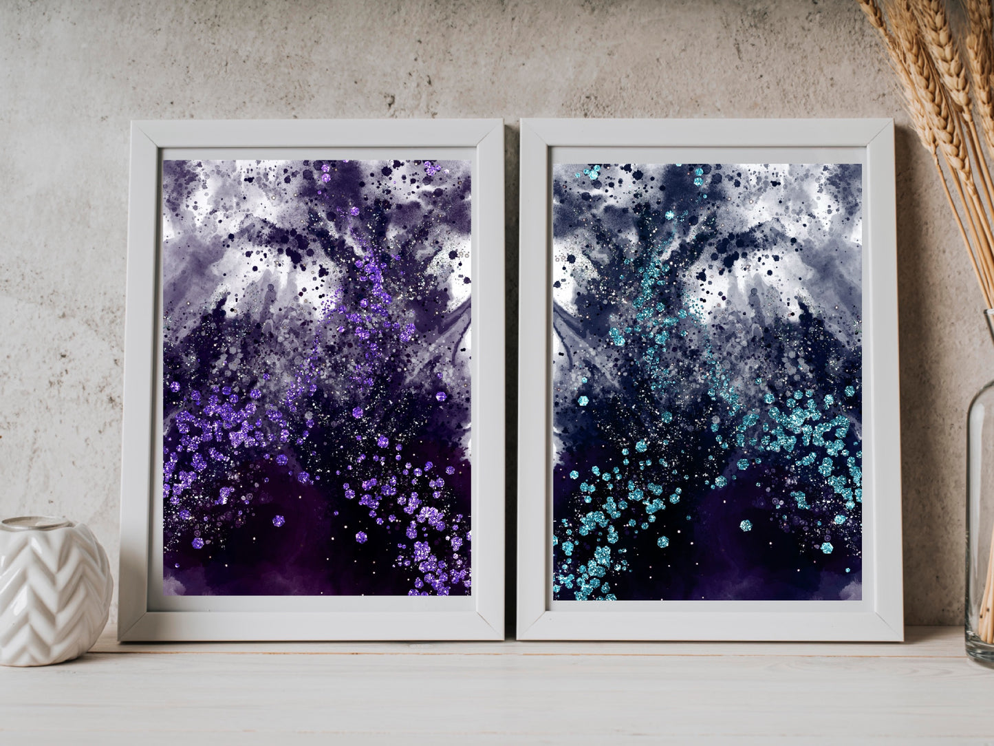 Coastal wall art, waves art print, purple and teal, spiritual wall art, set of 2, displayed in frame, ascension digital fine art.