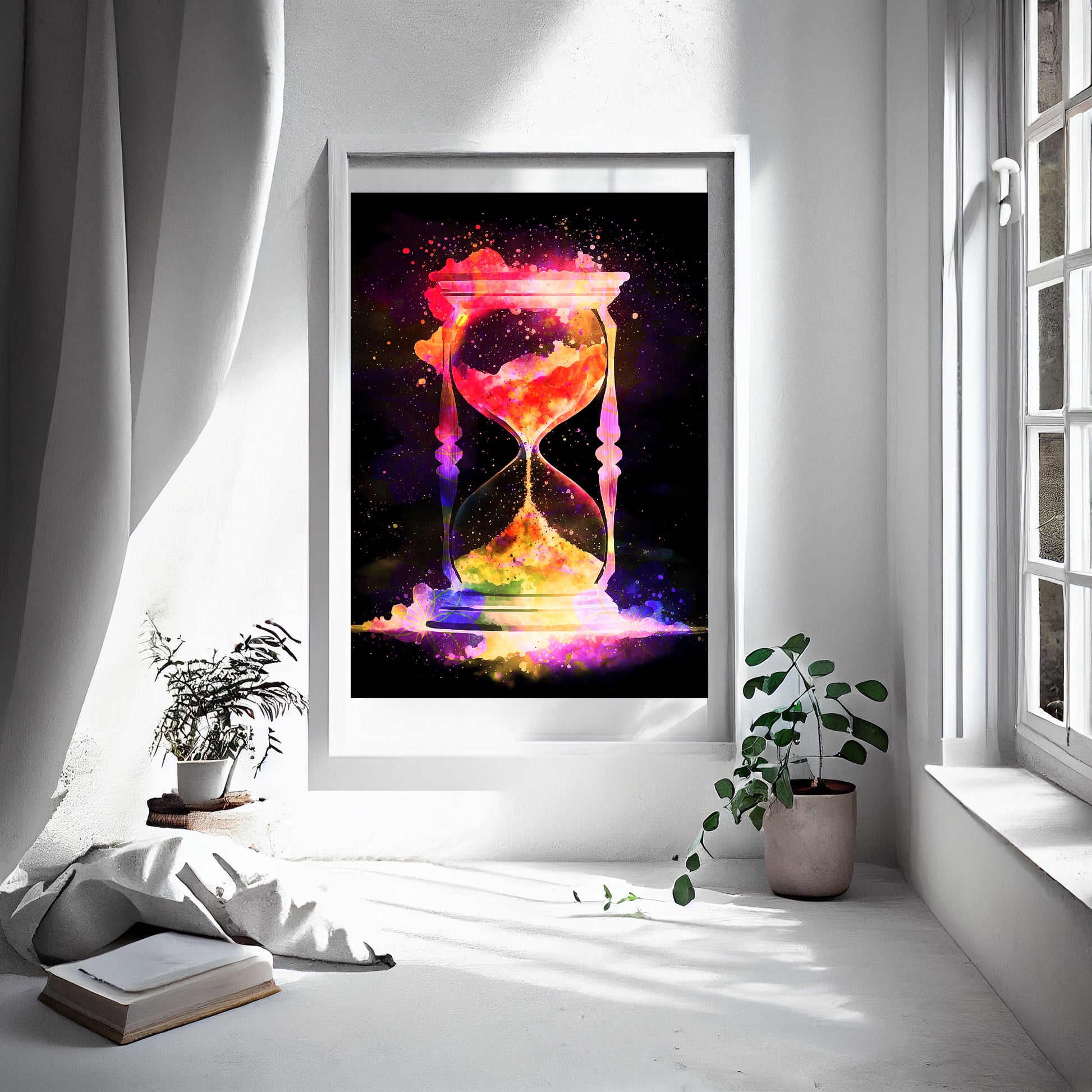 Hourglass wall art, Meditation art print, spiritual artwork, vibrant, Ascension digital fine art.