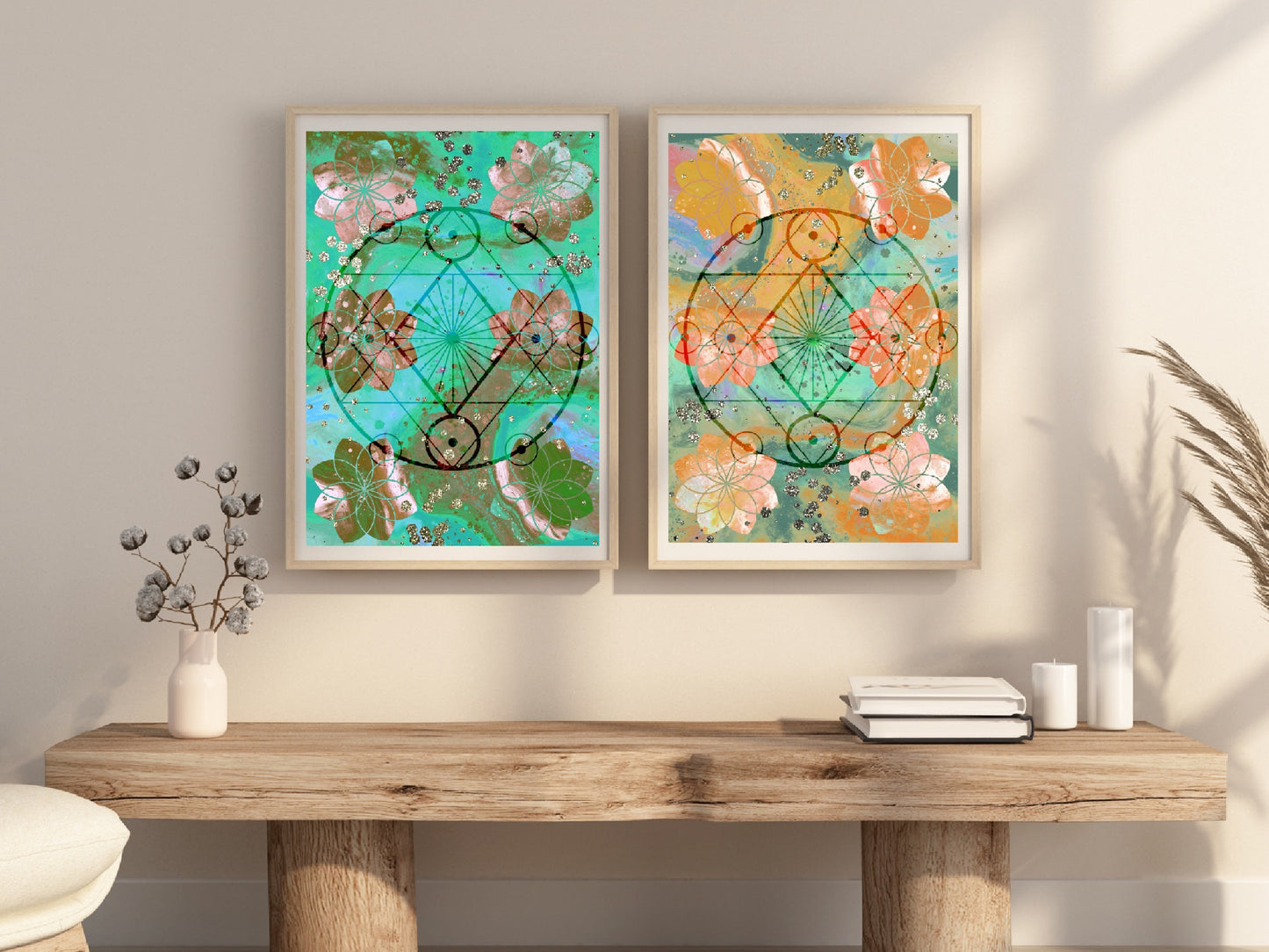 meditation wall art, spiritual art prints, set of 2, sacred geometry seed of life, green and orange, - Ascension digital fine art.