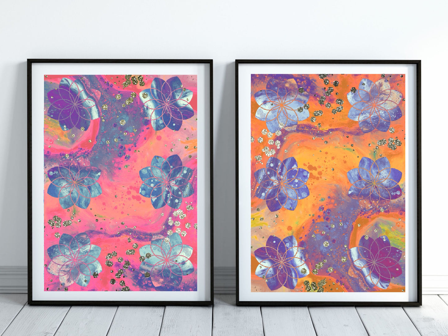 Sacred geometry wall art, seed of life wall art, spiritual art work, unique, meditation art print, vibrant, set of 2 prints. Displayed in frames. - Ascension digital fine art.