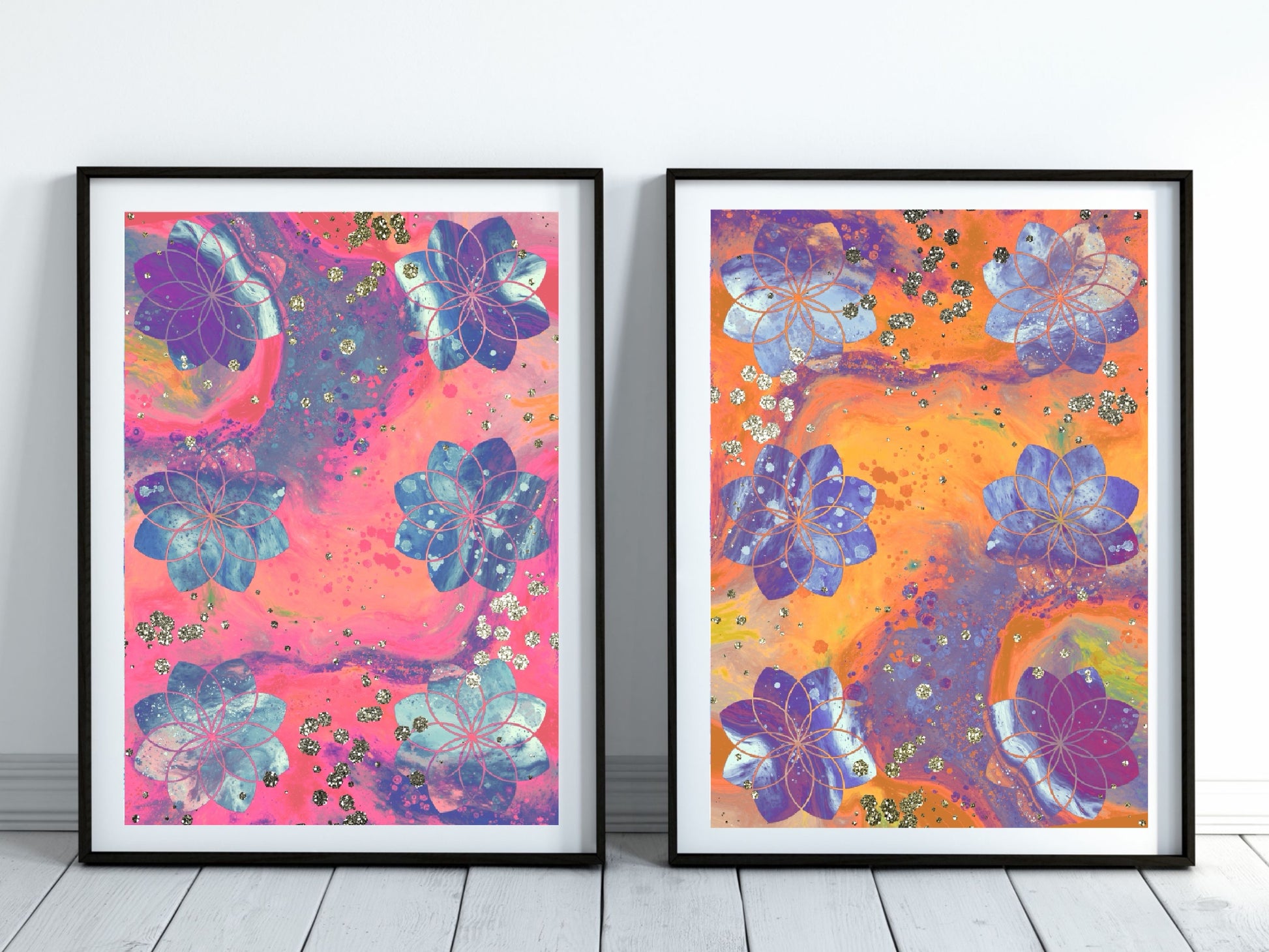 Sacred geometry wall art, seed of life wall art, spiritual art work, unique, meditation art print, vibrant, set of 2 prints. Displayed in frames. - Ascension digital fine art.