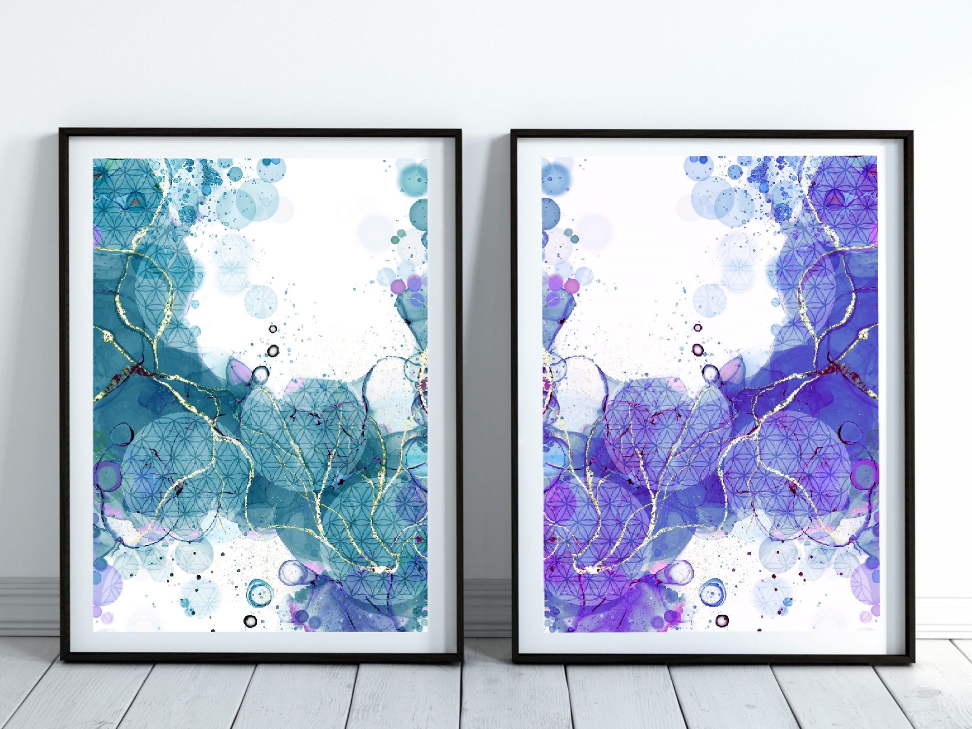 Sacred geometry wall art, flower of life wall art, spiritual art work, unique, meditation art print, vibrant, set of 2 prints, Displayed in frames. - Ascension digital fine art.