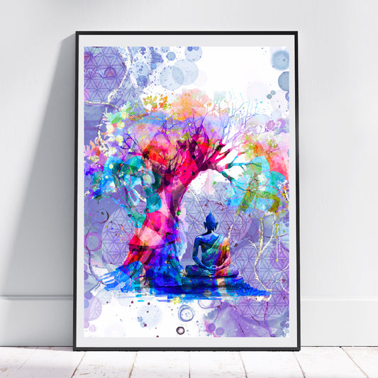 Buddha Meditating wall art, spiritual art print, meditation art, displayed in frame, Ascension digital fine art.