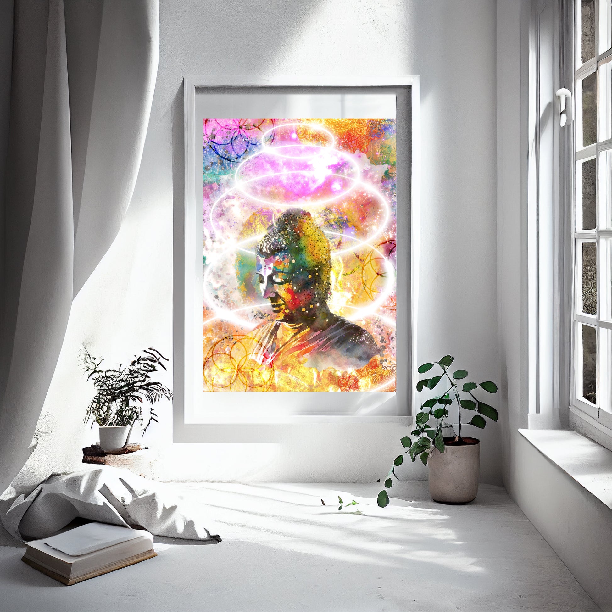 Buddha Meditating wall art, spiritual art print, meditation art, vibrant, displayed in frame, Ascension digital fine art.