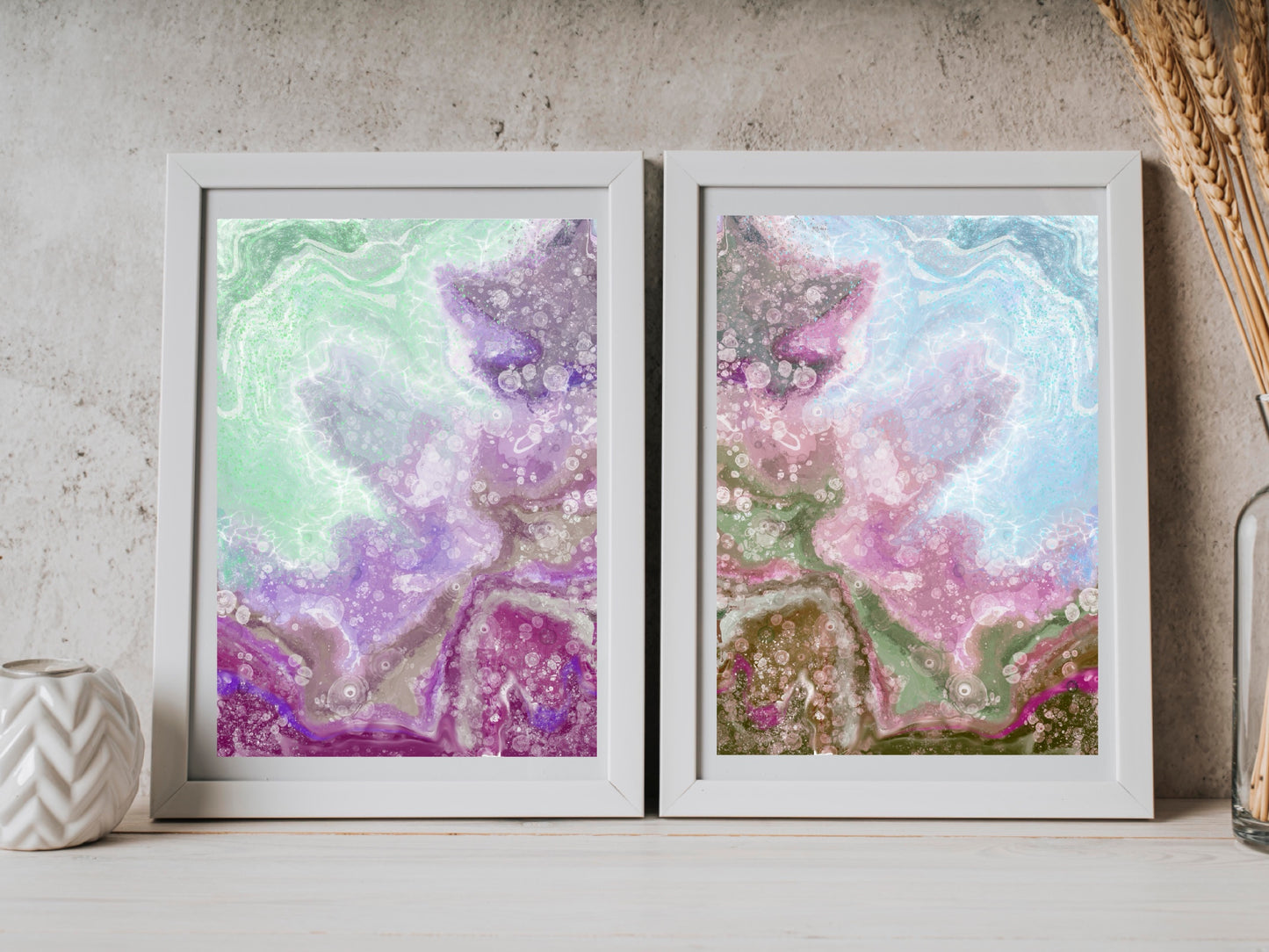 Coastal wall art, waves art print, vibrant, spiritual wall art, set of 2, displayed in frame, ascension digital fine art.