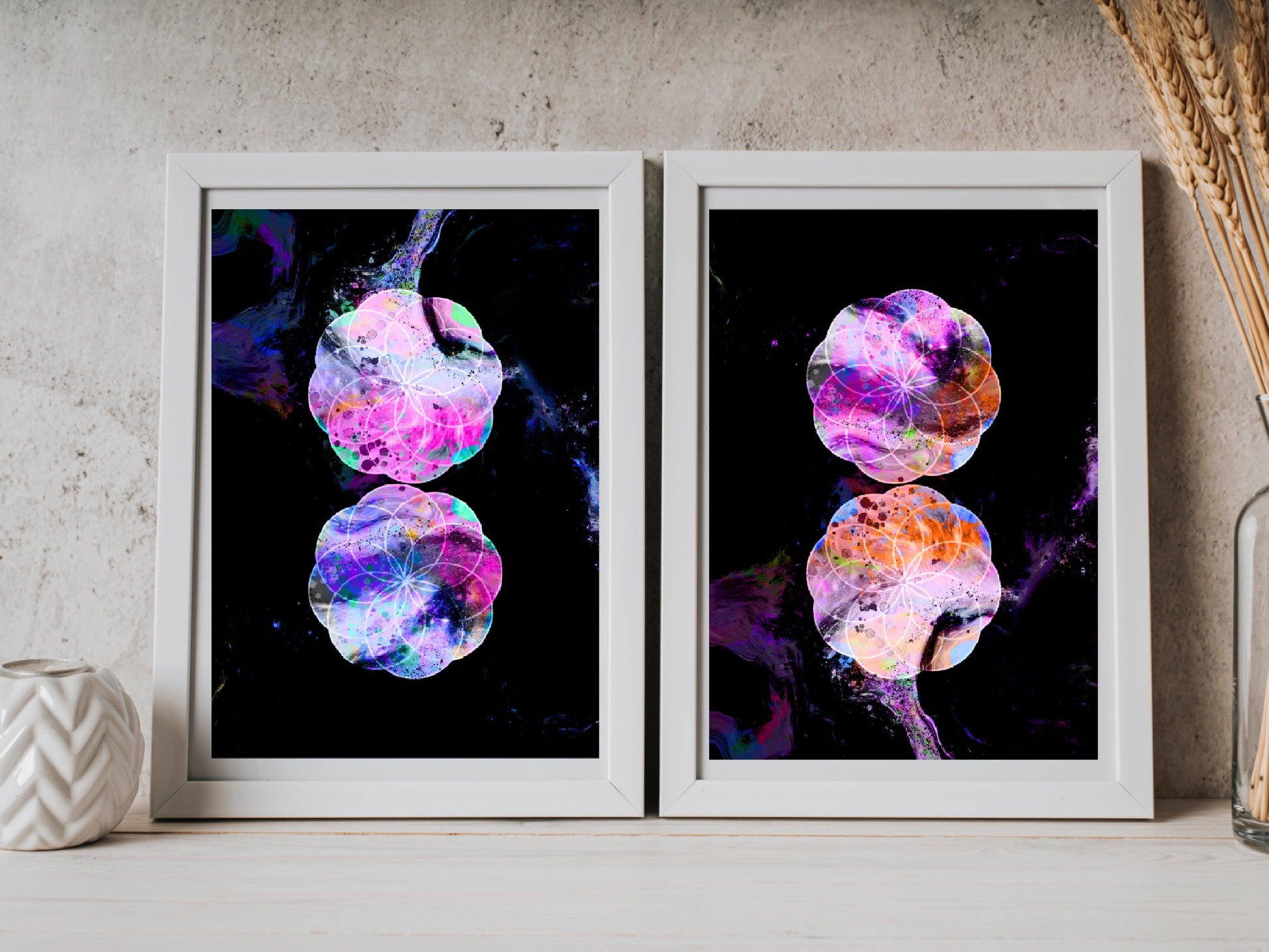 Sacred geometry wall art, seed of life wall art, spiritual art work, meditation art print, vibrant, set of 2 prints. Displayed in frames. - Ascension digital fine art.