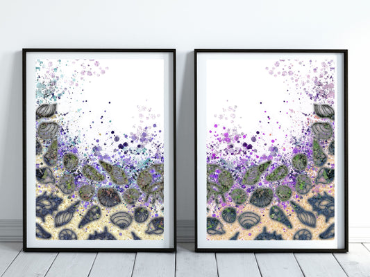 Coastal wall art, seashells art print, vibrant, spiritual wall art, set of 2, displayed in frame, ascension digital fine art.