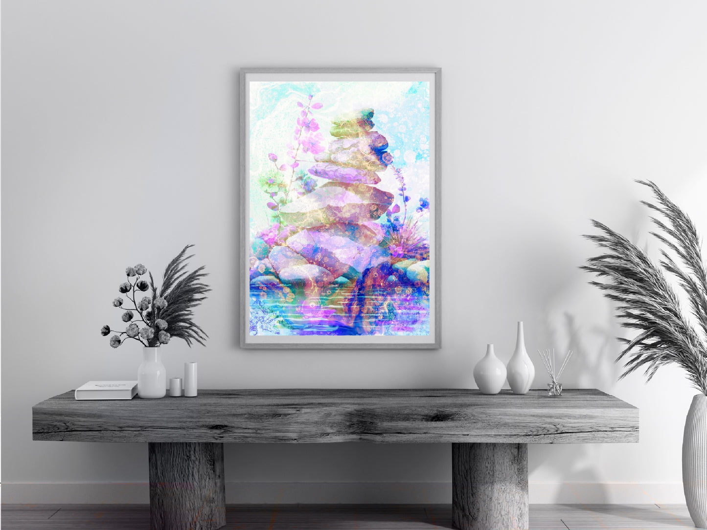 Balancing stones wall art, Meditation wall art, spiritual art, vibrant pastel, spiritual art print. - Ascension digital fine art.