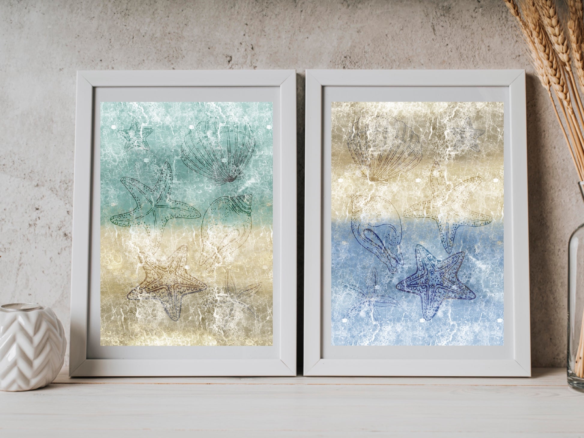 Coastal wall art, seashells art print, vibrant, spiritual wall art, set of 2, displayed in frame, ascension digital fine art.