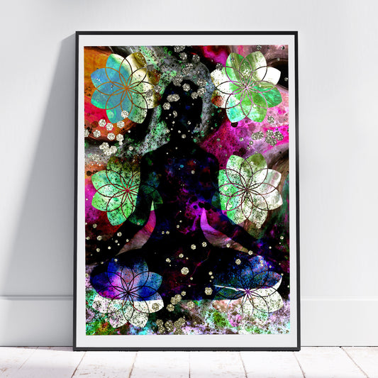 Yoga meditation wall art, meditation art print, vibrant, displayed in frame, Ascension digital fine art.