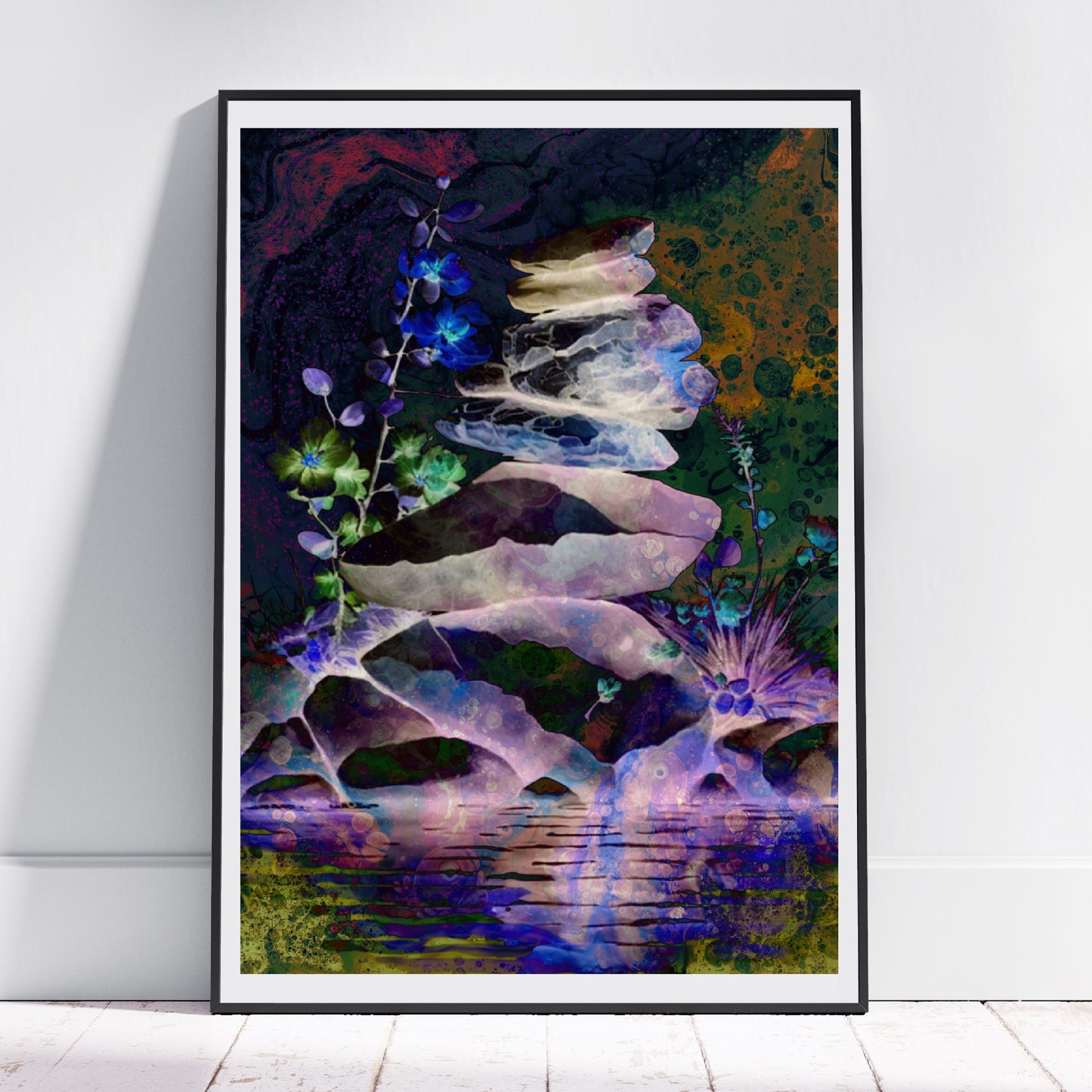 Spiritual wall art, balancing stones overlooking a stream at midnight, flowers glowing with vivid colours. Meditation art print in mounted frame.