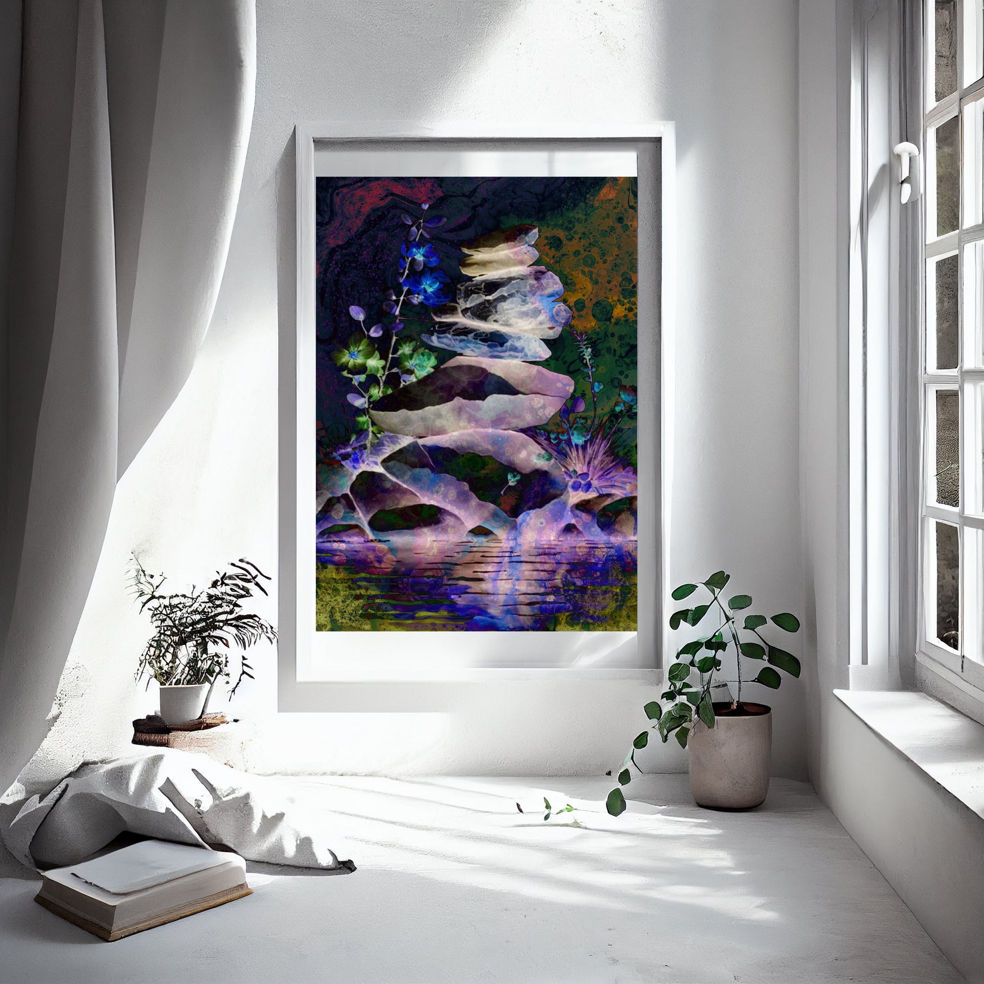 Spiritual wall art, balancing stones overlooking a stream at midnight, flowers glowing with vivid colours. Meditation art print in mounted frame.