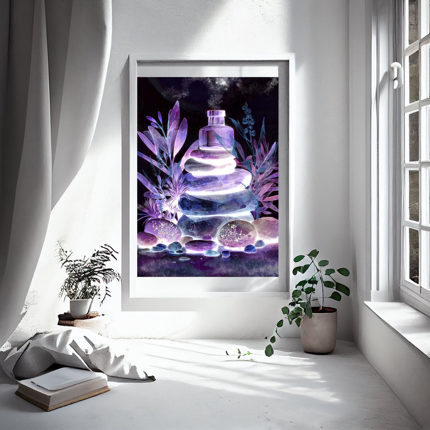 Spiritual wall art, balancing stones overlooking a stream at midnight, flowers glowing with vivid colours, purple. Meditation art print in mounted frame.