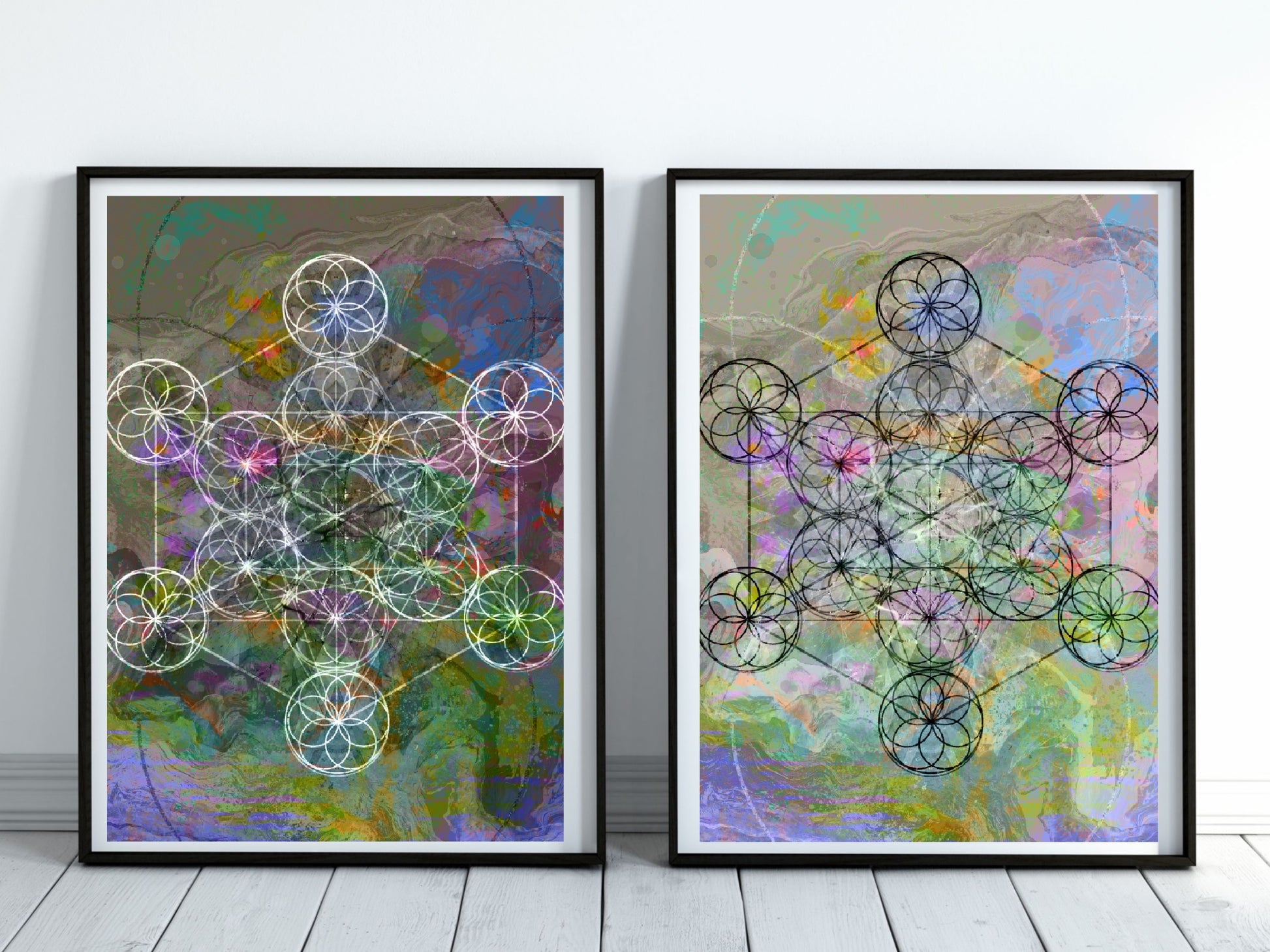 Metatrons cube pair Spiritual sacred geometry digital artwork pair art print. - Ascension digital fine art 