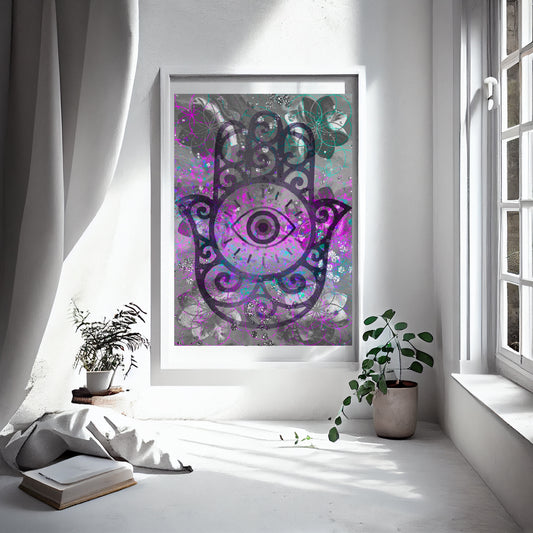 Hamsa hands wall art, Meditation art print, spiritual artwork, sacred geometry print, pink, displayed in frame. - Ascension digital fine art 