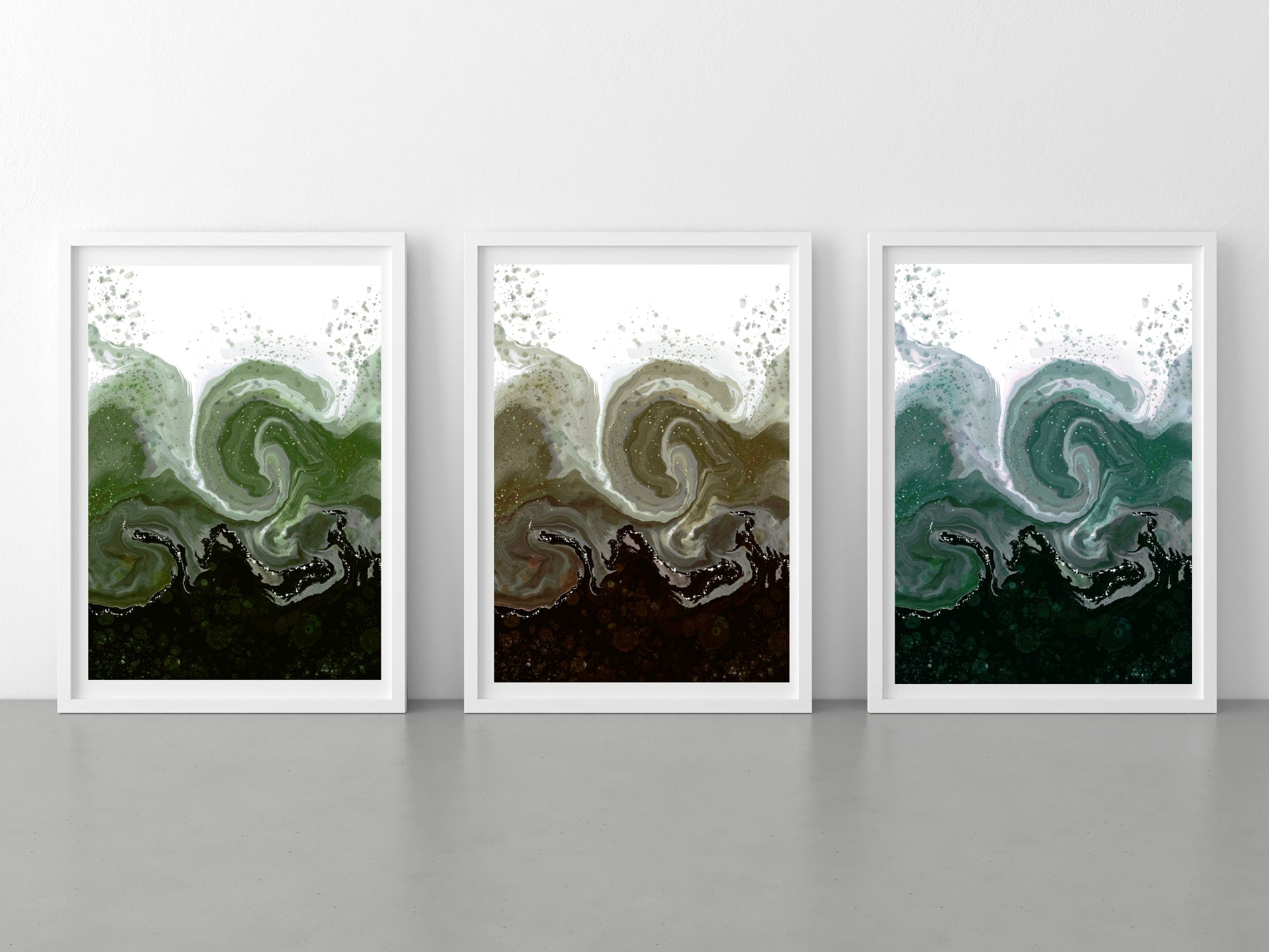 Coastal wall art, waves art print, green hues, spiritual wall art, set of 3, displayed in frame, ascension digital fine art.