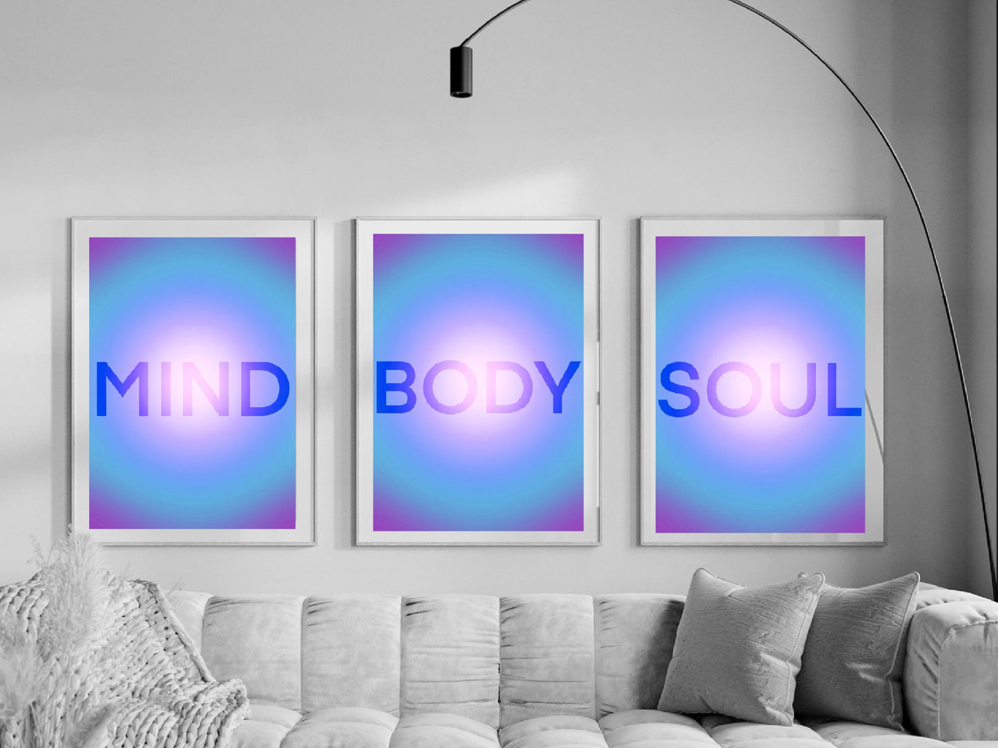 Meditation art print, mind, body and soul aura, spiritual wall art, purple, blue aura framed art set of 3 wall art prints in mounted frames. 