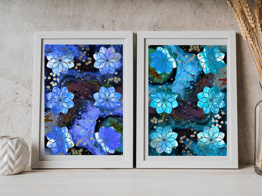 Sacred geometry wall art, seed of life wall art, spiritual art work, unique, meditation art print, vibrant, deep blue, set of 2 prints. Displayed in frames. - Ascension digital fine art.