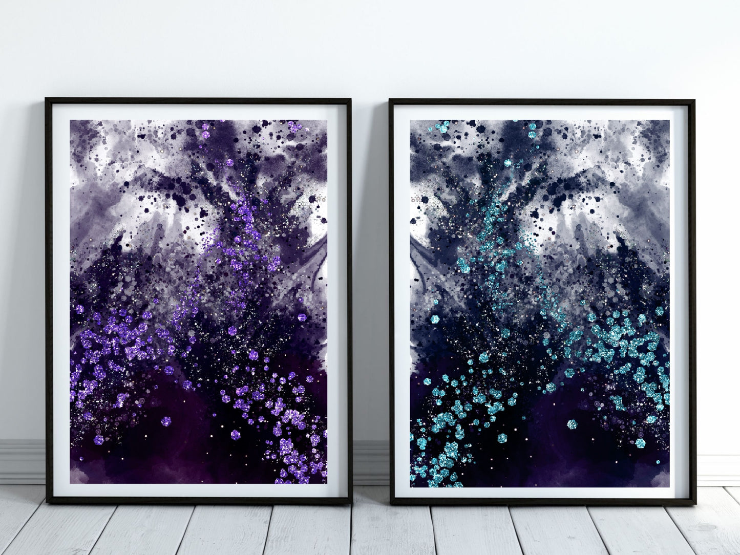 Coastal wall art, waves art print, purple and teal, spiritual wall art, set of 2, displayed in frame, ascension digital fine art.