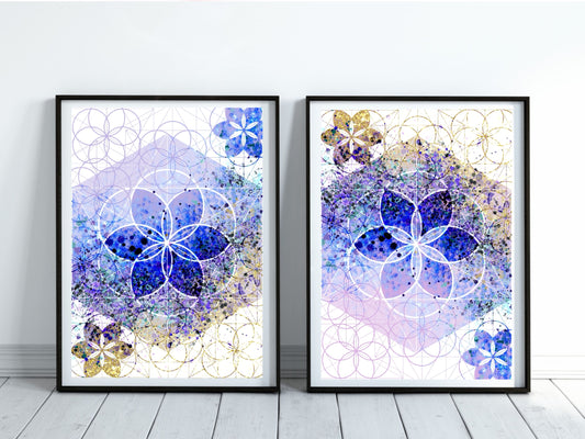 Sacred geometry wall art, seed of life wall art, spiritual art work, unique, meditation art print, vibrant, set of 2 prints, Displayed in frames. - Ascension digital fine art.