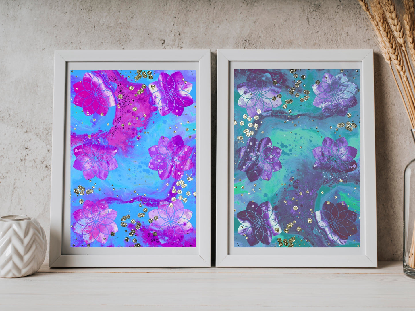 Sacred geometry wall art, seed of life wall art, spiritual art work, unique, meditation art print, vibrant, set of 2 prints. Displayed in frames. - Ascension digital fine art.