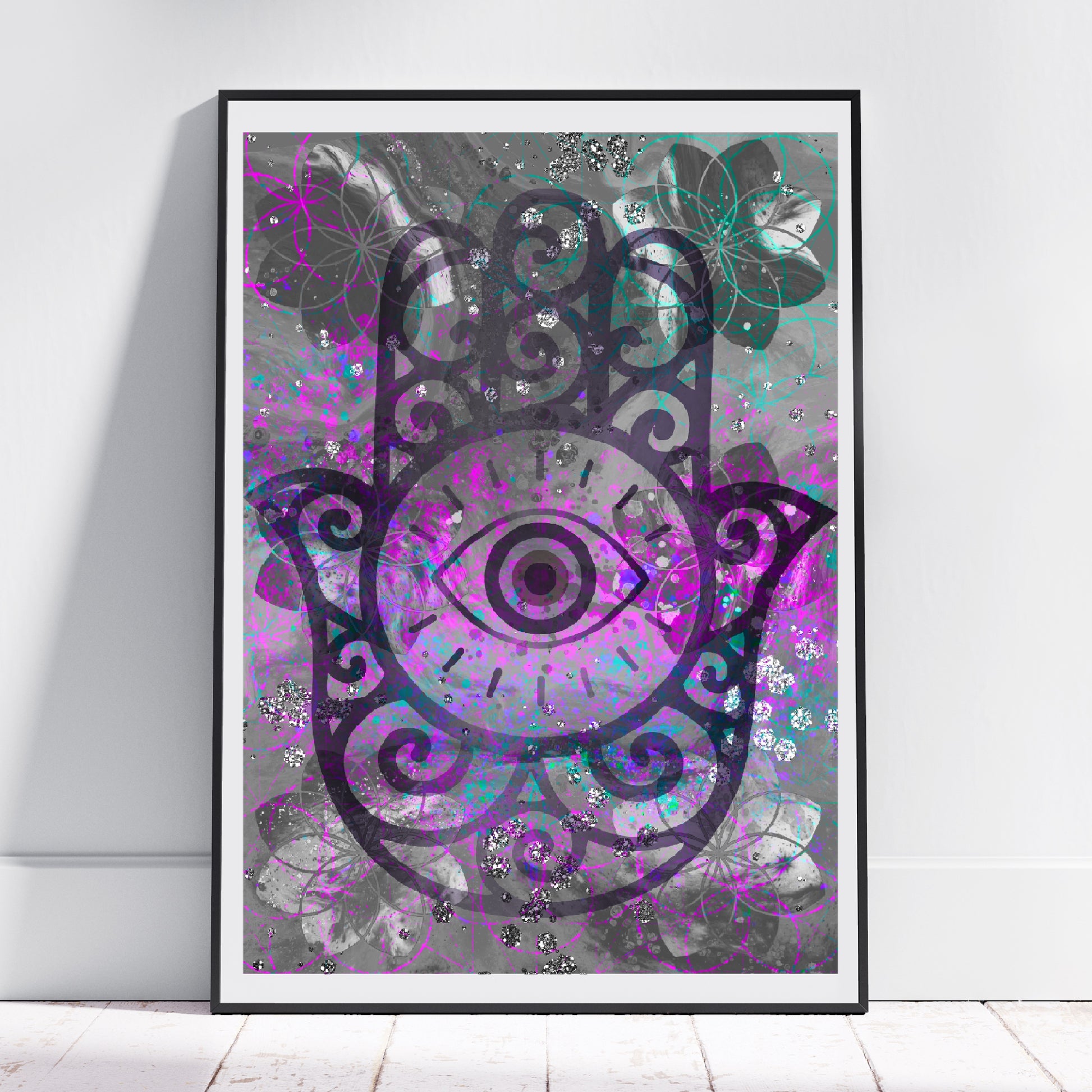 Hamsa hands wall art, Meditation art print, spiritual artwork, sacred geometry print, pink, displayed in frame. - Ascension digital fine art 