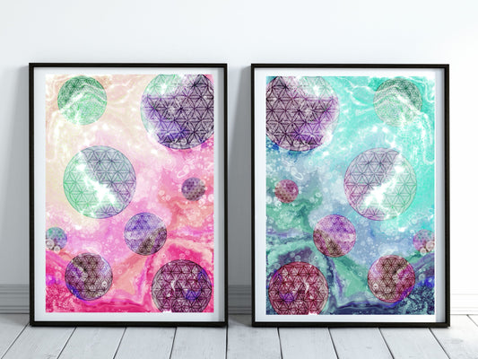 Sacred geometry wall art, flower of life wall art, spiritual art work, unique, meditation art print, vibrant, set of 2 prints, Displayed in frames. - Ascension digital fine art.