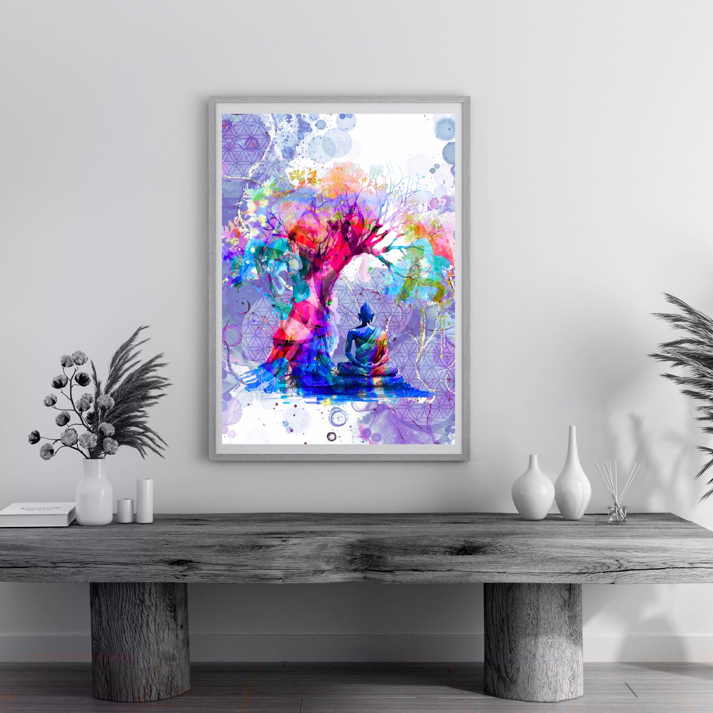 Buddha Meditating wall art, spiritual art print, meditation art, displayed in frame, Ascension digital fine art.