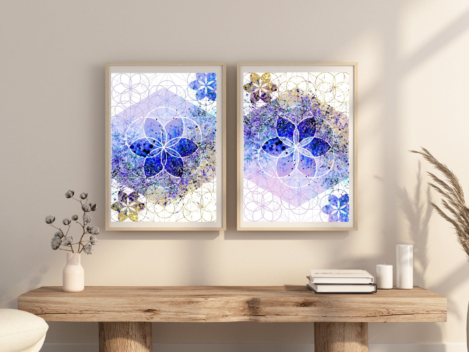 Sacred geometry wall art, seed of life wall art, spiritual art work, unique, meditation art print, vibrant, set of 2 prints, Displayed in frames. - Ascension digital fine art.