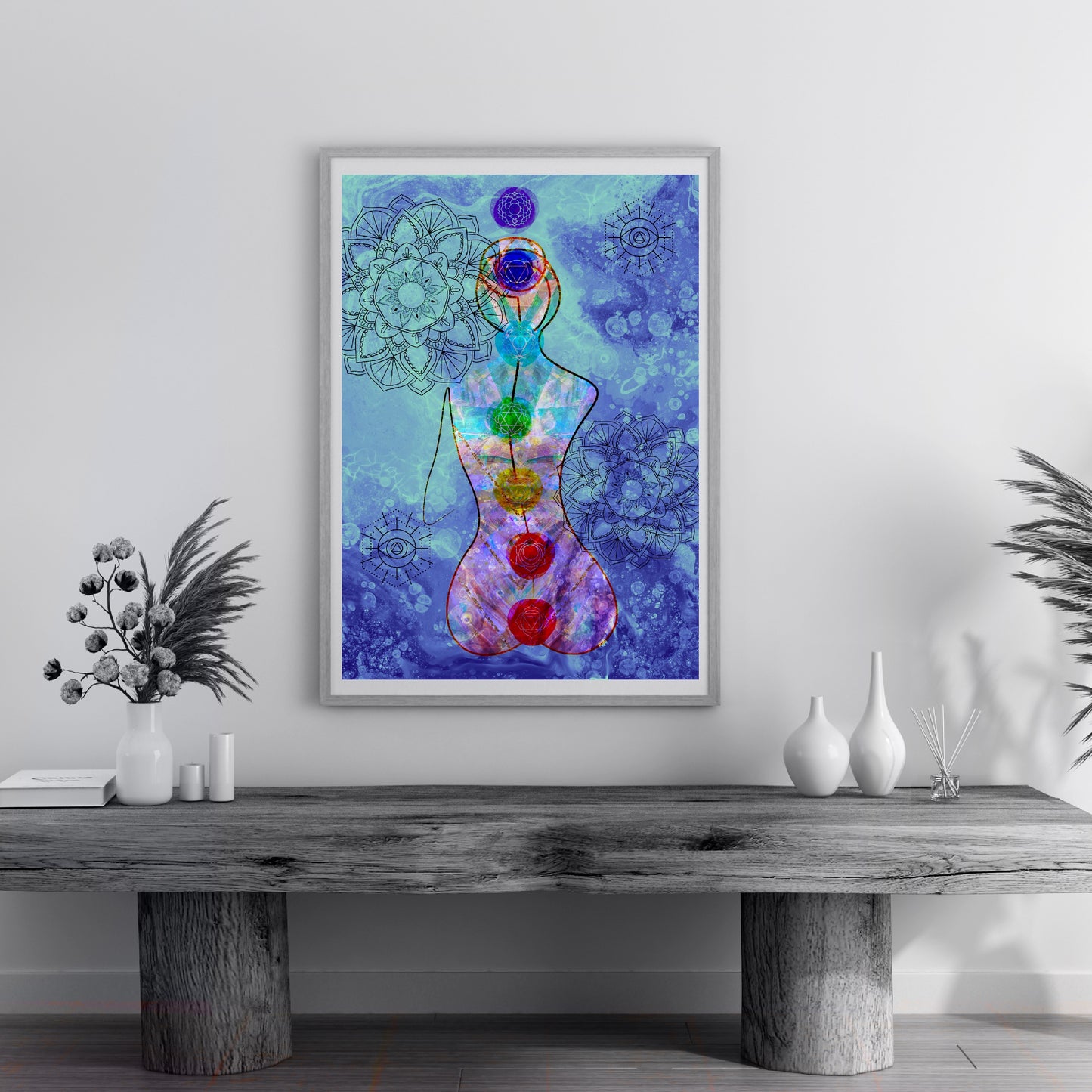 Crystalline chakra wall art, chakra art print, meditation art, vibrant blue, ascension digital fine art.