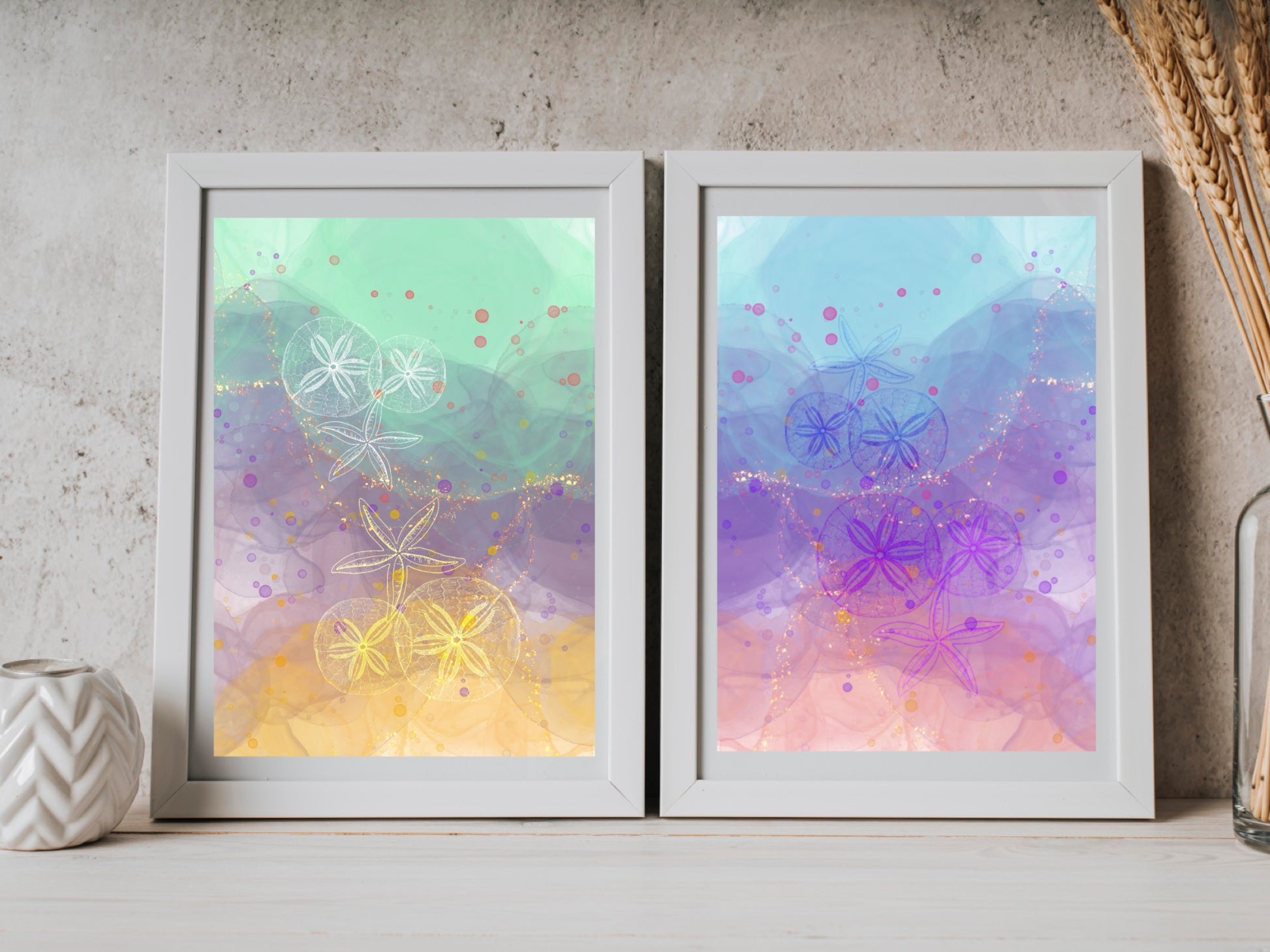 Coastal wall art, sea shell art print, vibrant, spiritual wall art, set of 2, displayed in frame, ascension digital fine art.