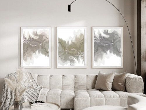 Spiritual wall art, Abstract art prints, neutral tones, set of 3 displayed in mounted frames.