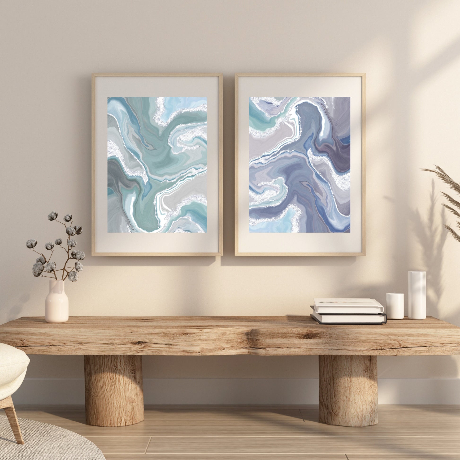 Coastal wall art, waves art print, blue and green, spiritual wall art, set of 2, displayed in frame, ascension digital fine art.