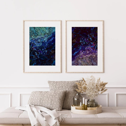 Coastal wall art, ocean art print, navy and purple, spiritual wall art, set of 2, displayed in frames, ascension digital fine art.