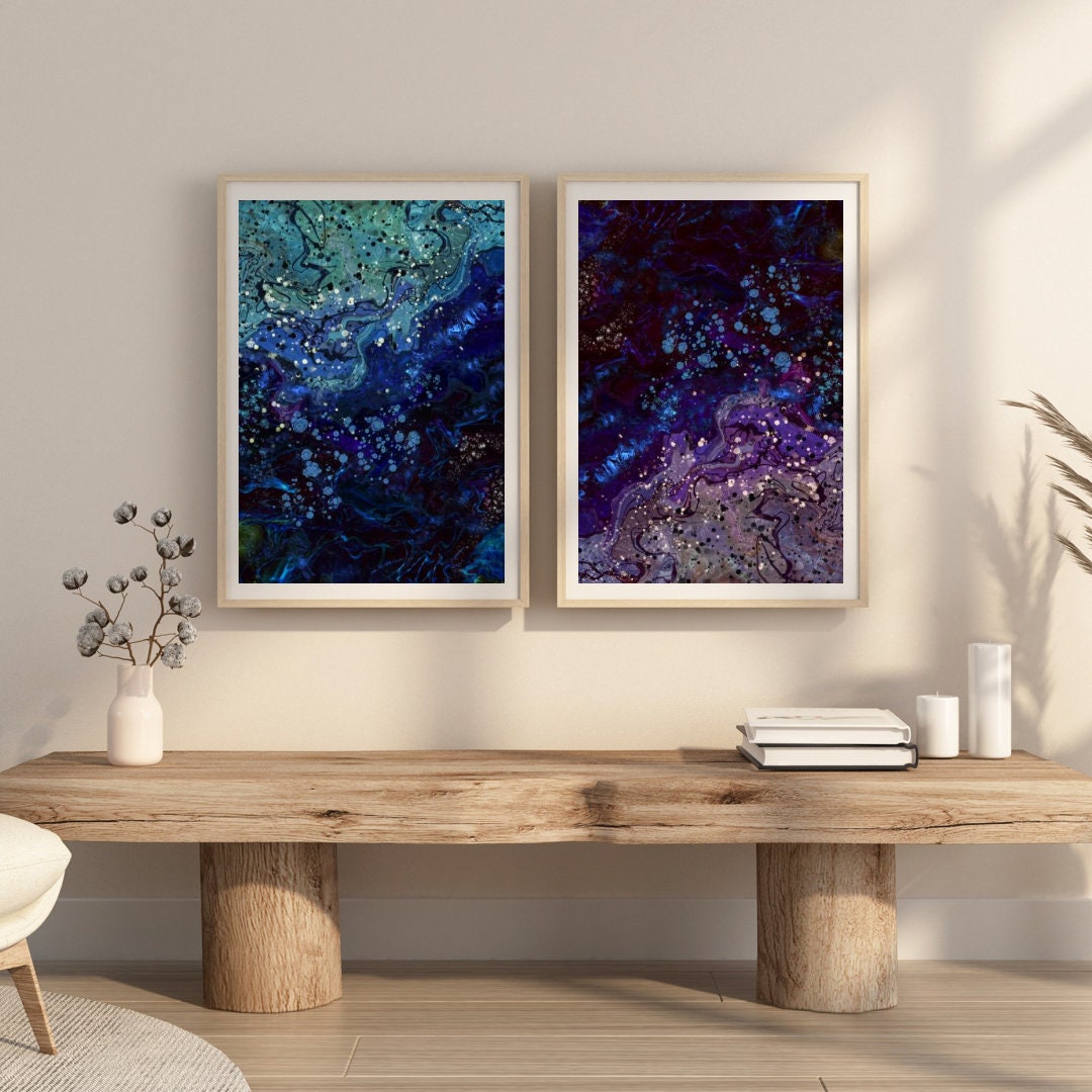 Coastal wall art, ocean art print, blue and purple, spiritual wall art, set of 2, displayed in frames, ascension digital fine art.