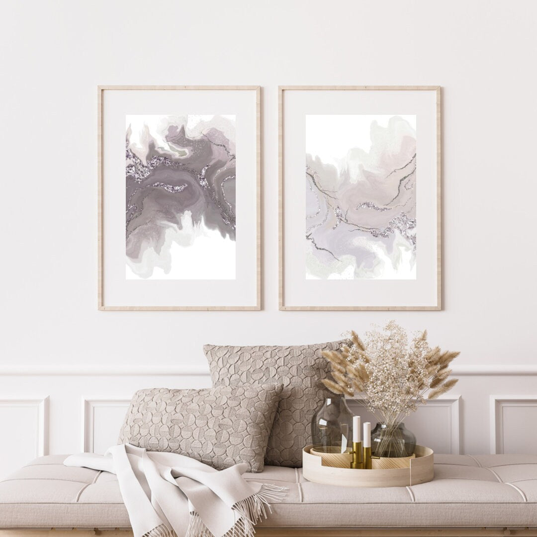 Abstract wall art, elegant, calming art prints neutral tone, muted colour, set of 2 presented in frames. - Ascension digital fine art.