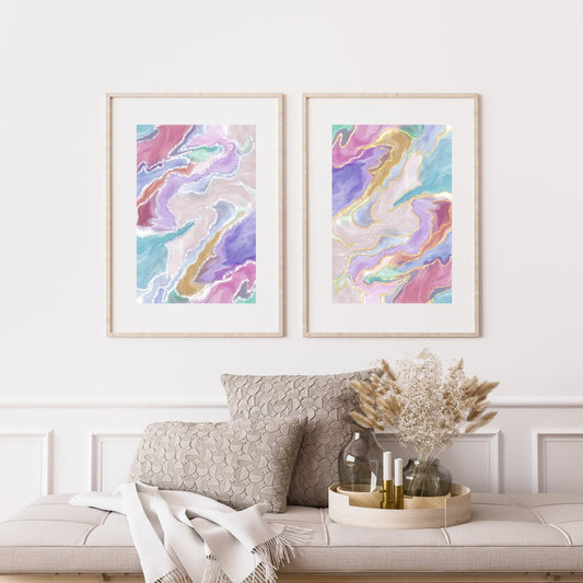 Abstract wall art, elegant, calming art prints pastel tone, gold silver streaks, set of 2 presented in frames. - Ascension digital fine art.