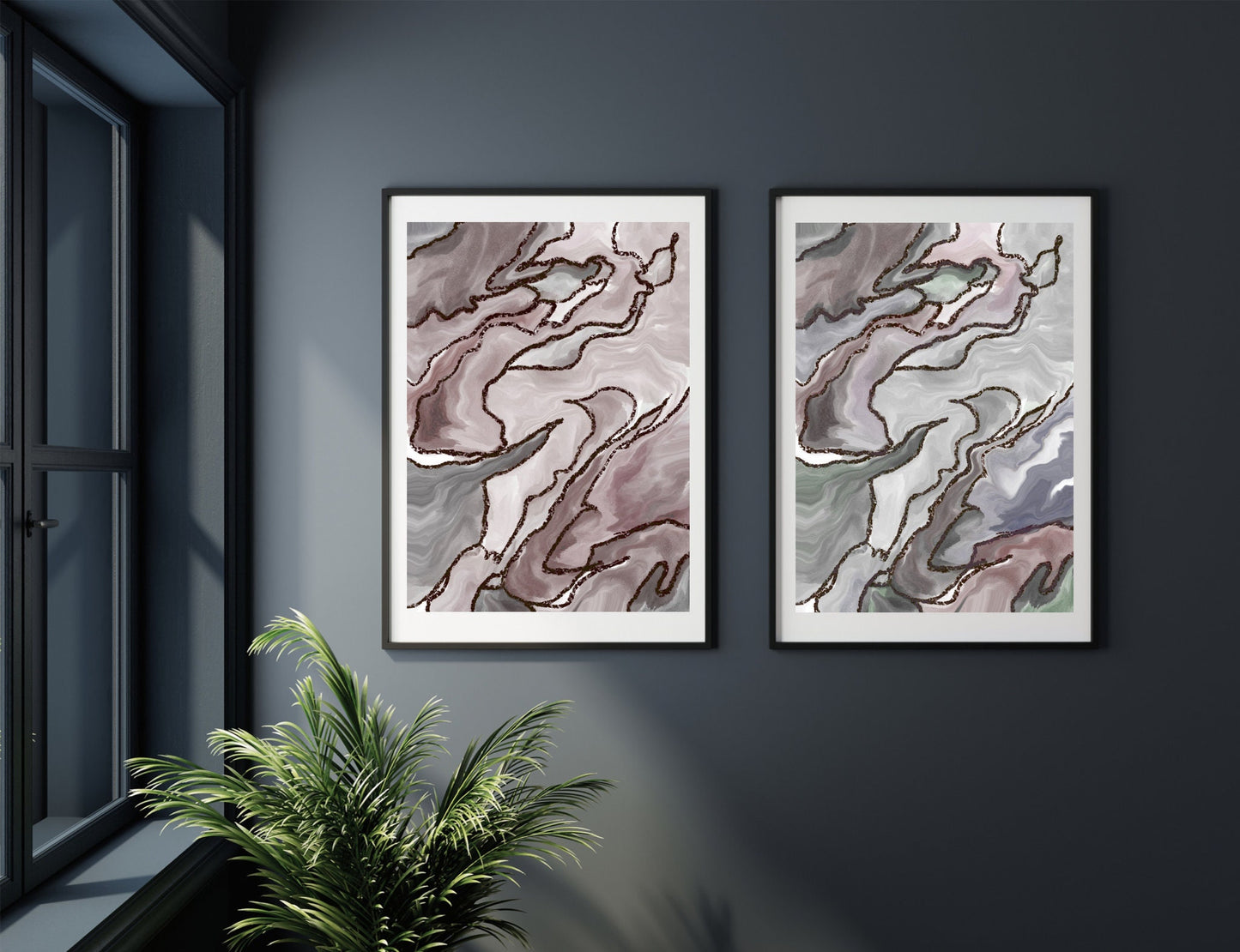 Abstract art prints, spiritual wall art, neutral colour, set of 2, displayed in mounted frames.