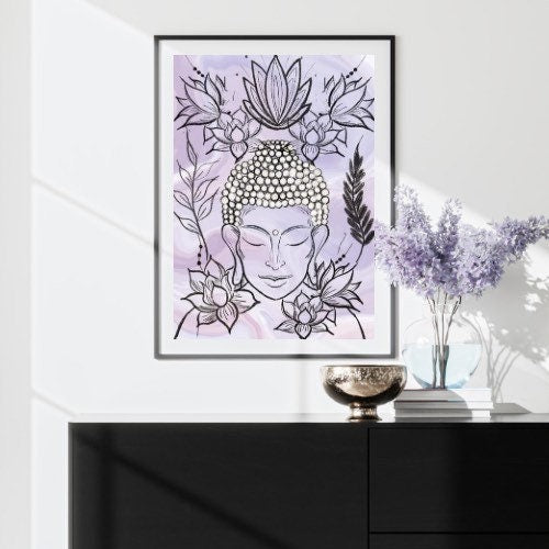 Buddha wall art, meditation wall art, spiritual art work, meditation art print, pastel purple, Displayed in frames. - Ascension digital fine art.