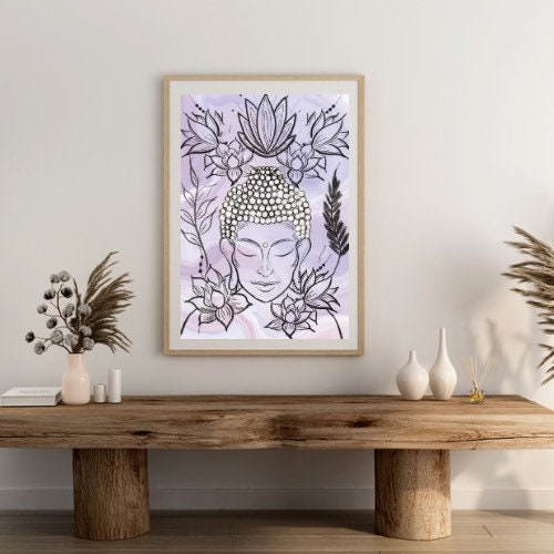 Buddha wall art, meditation wall art, spiritual art work, meditation art print, pastel purple, Displayed in frames. - Ascension digital fine art.