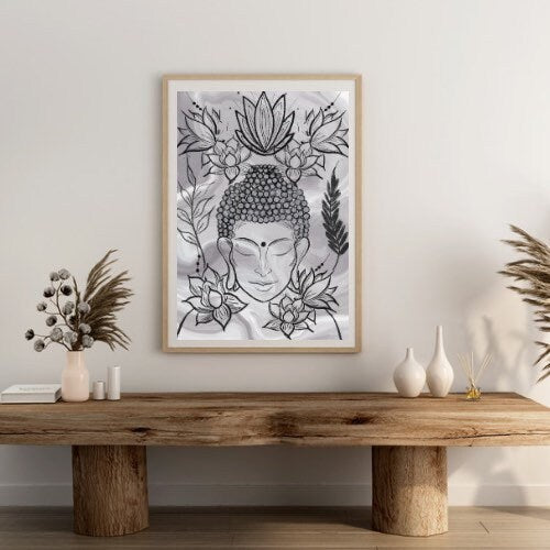 Spiritual Buddha wall art, Buddha meditating, black and grey, flowers, meditation art print in mounted frame.