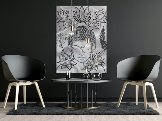 Spiritual Buddha wall art, Buddha meditating, black and grey, flowers, meditation art print in mounted frame.