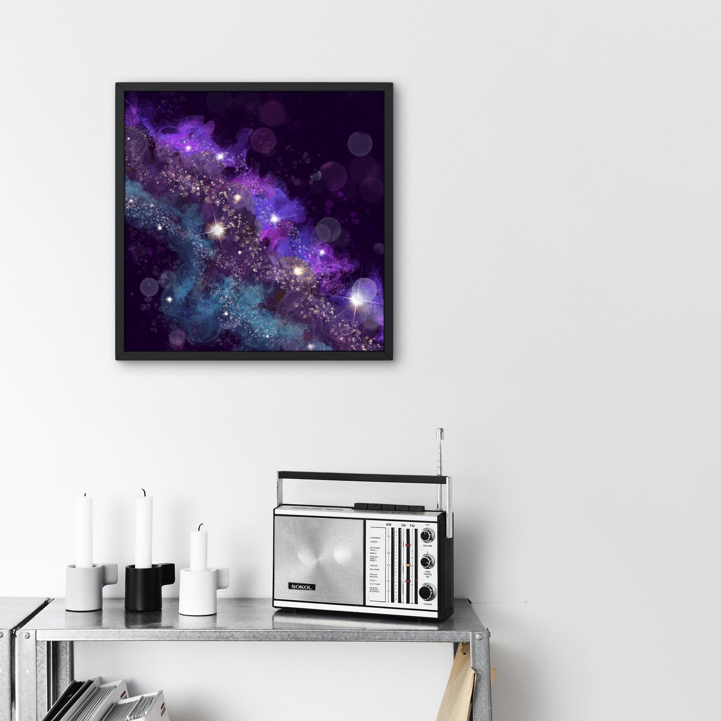 Abstract art print, spiritual wall art, purple teal, square, shown in mounted frame.